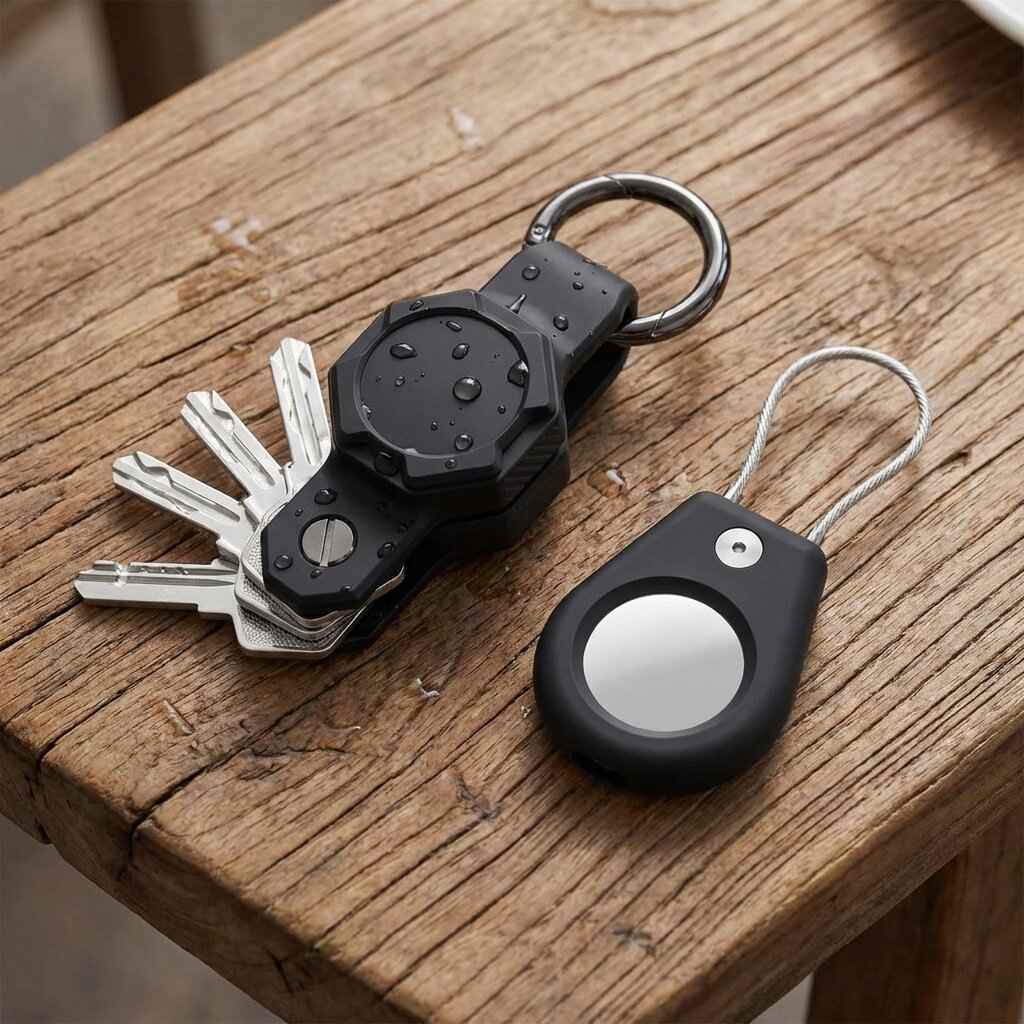 Stylish collection of AirTag holders, including a sleek brown luggage tag, a black keychain holder, and multiple colorful keychain cases, designed to enhance the experience of using AirTag Holders.