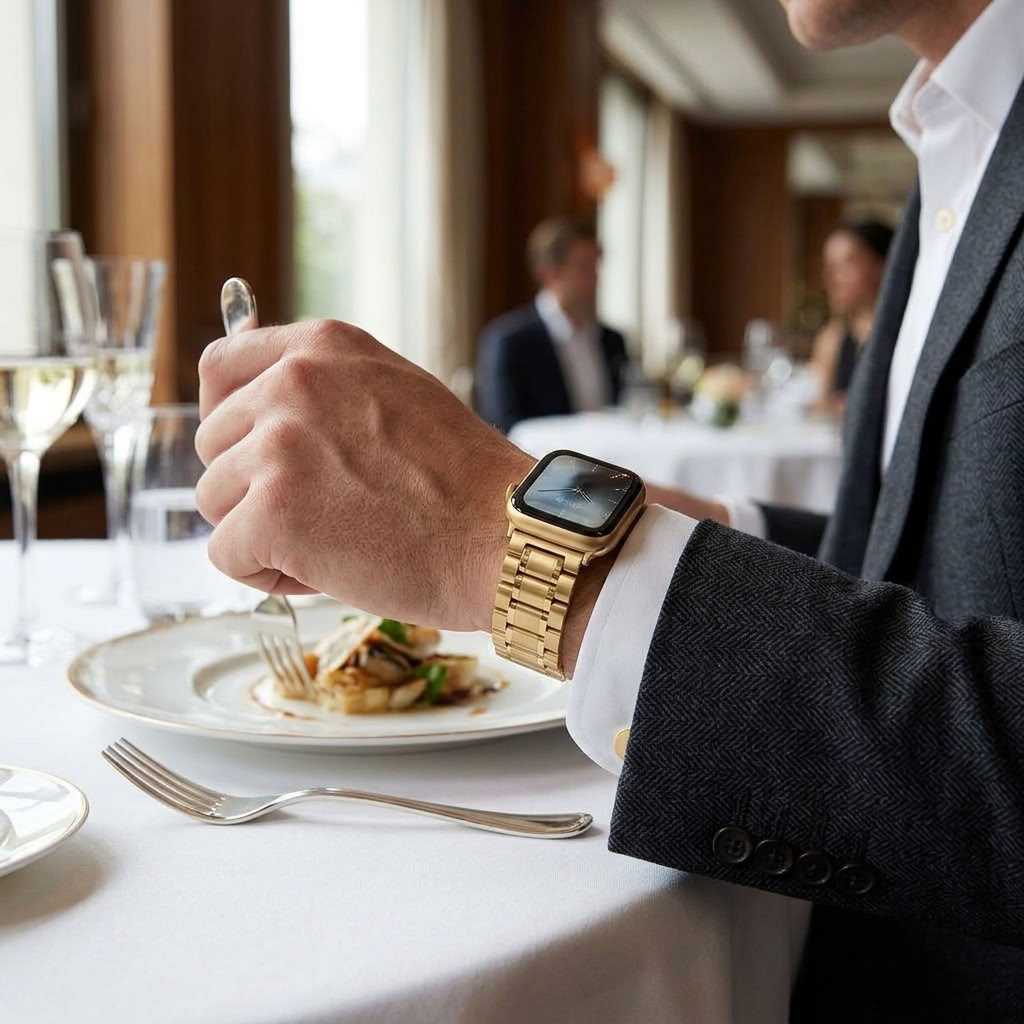 man wearing anhem stainless steel apple watch band while eating at a restaurant