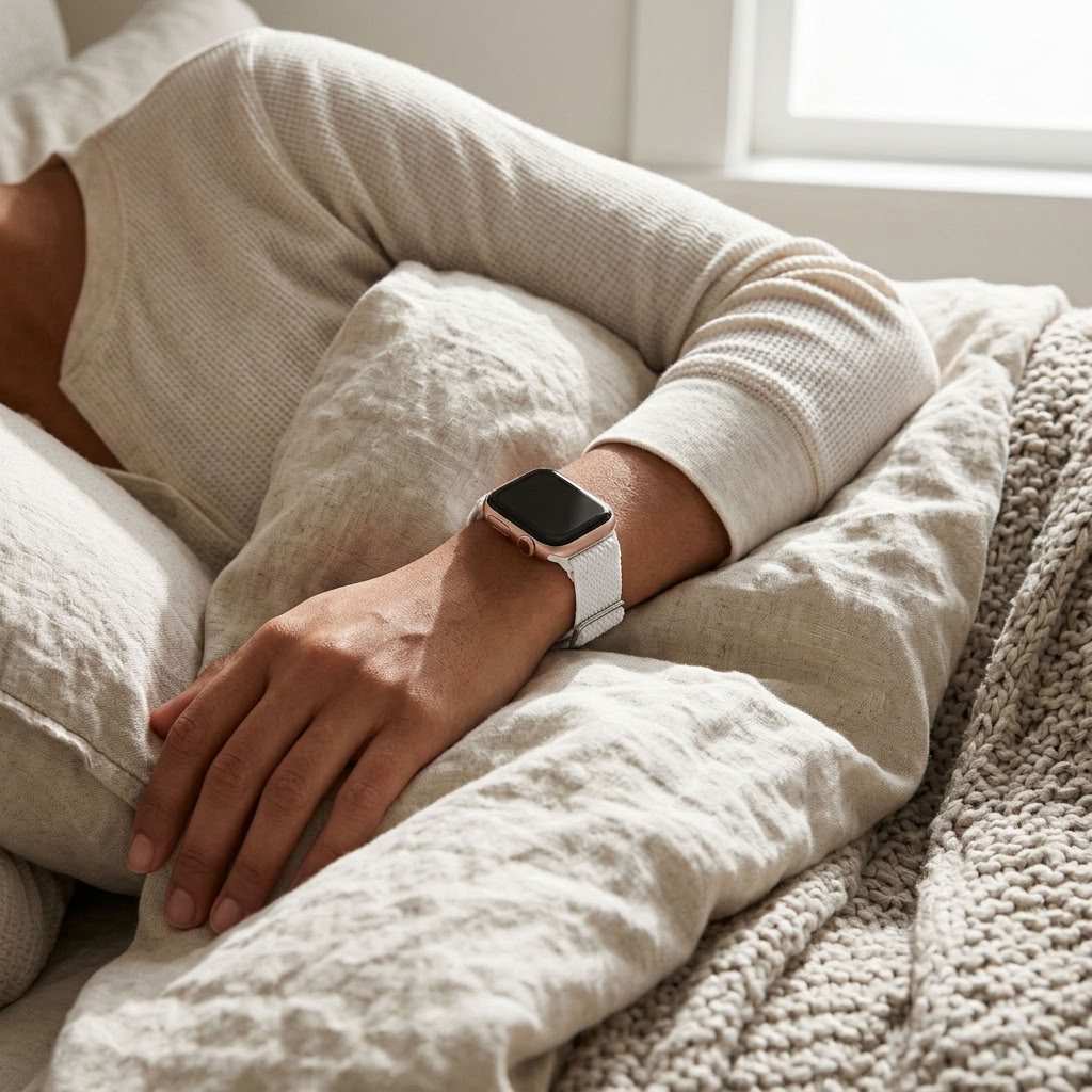 woman wearing an anhem apple watch band while sleeping