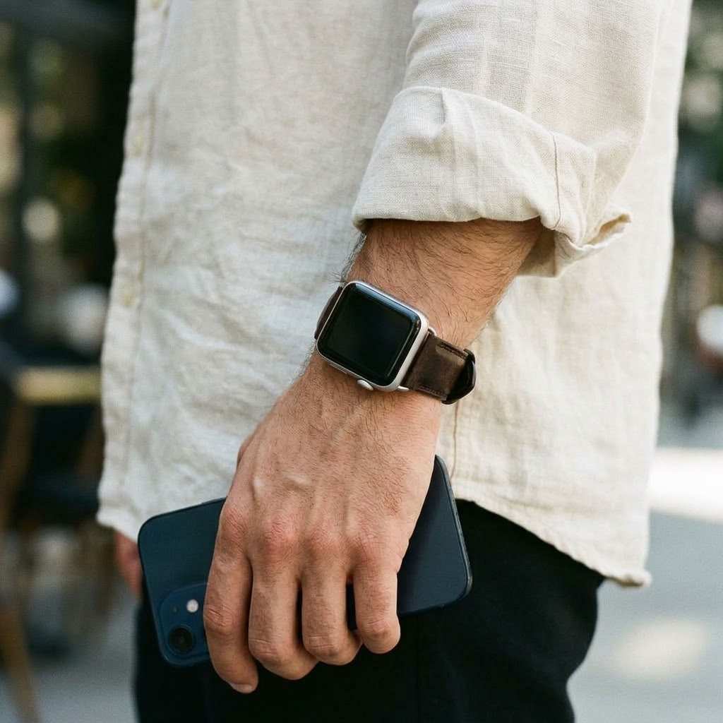 man wearing anhem leather apple watch band while holding an iphone