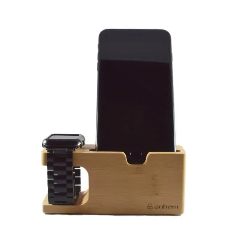 Anhem Bamboo Wood Charging Dock showcasing a sleek design with an Apple Watch and smartphone. Ideal as an Apple Watch charging station for eco-conscious users.  Bamboo Wood Charging Dock  anhem.myshopify.com  Brown