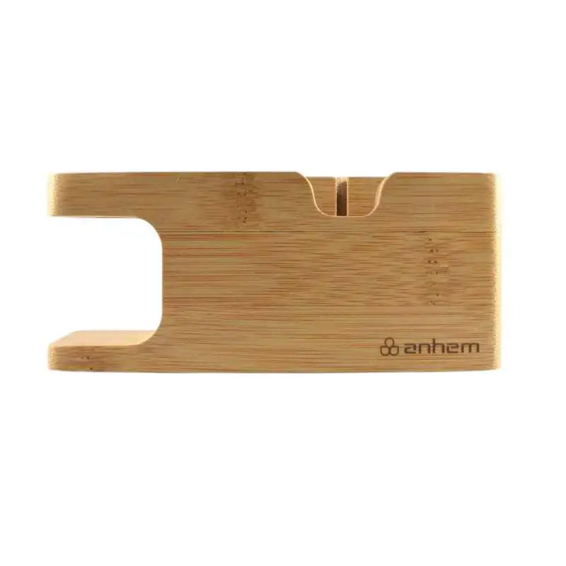 Side view of Anhem's Bamboo Wood Charging Dock, emphasizing its compact design as an Apple Watch charging station suitable for mobile devices.  Bamboo Wood Charging Dock  anhem.myshopify.com