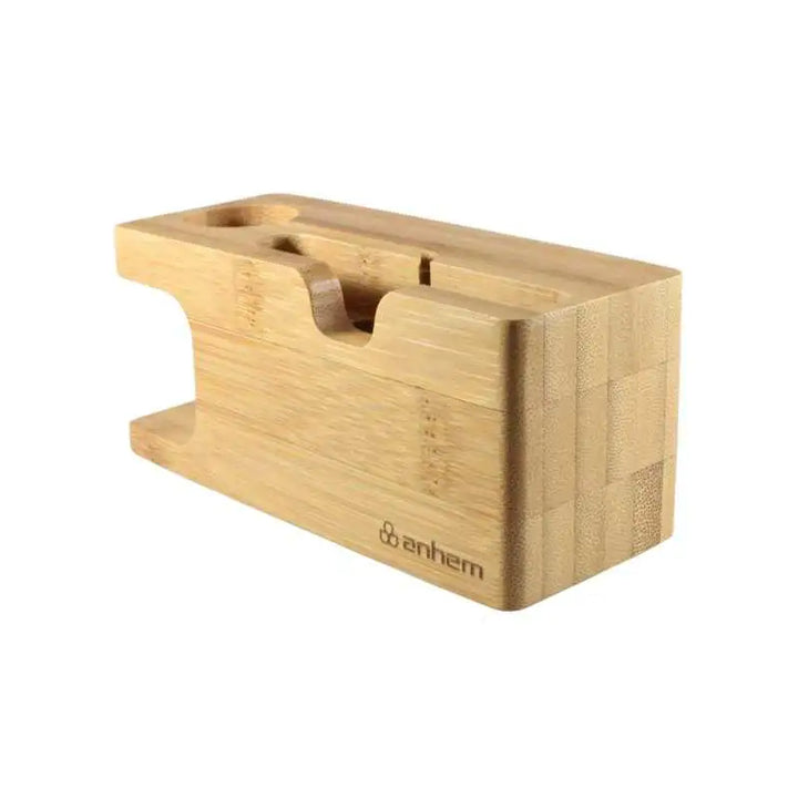Angled view of the Anhem Bamboo Wood Charging Dock, displaying its dual-purpose functionality as an Apple Watch charging station.  Bamboo Wood Charging Dock  anhem.myshopify.com