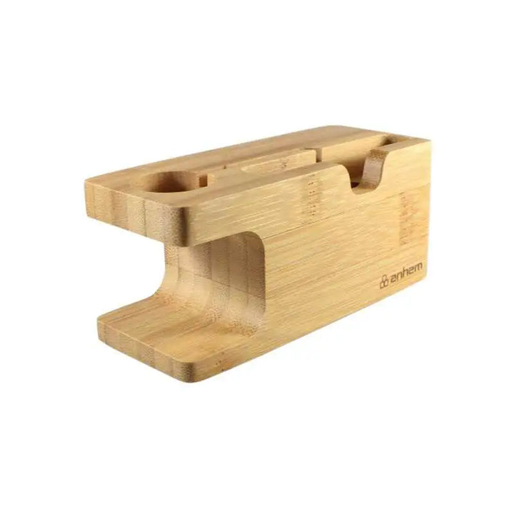 Anhem Bamboo Wood Charging Dock featuring dual charging slots for both Apple Watch and smartphone, a perfect Apple Watch charging station for organized space.  Bamboo Wood Charging Dock  anhem.myshopify.com