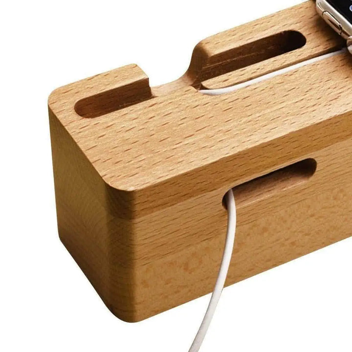 Top view of the Anhem Bamboo Wood Charging Dock, highlighting its cable management features, an excellent choice as an Apple Watch charging station.  Bamboo Wood Charging Dock  anhem.myshopify.com