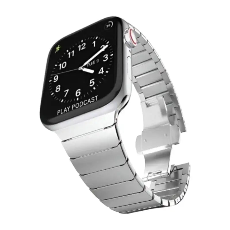 Monarch Steel Band displayed on a stylish silver Apple Watch, emphasizing the elegance of this Metal Apple Watch Band by Anhem.  Monarch Steel Strap  anhem.myshopify.com  Silver / 44/45/46/49MM (Large Watch)