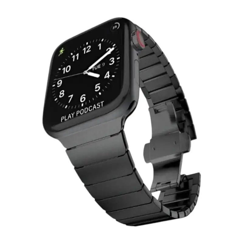 Monarch Steel Band showcased on a sleek black Apple Watch, highlighting the stylish design of this Metal Apple Watch Band from Anhem.  Monarch Steel Strap  anhem.myshopify.com  Black / 44/45/46/49MM (Large Watch)