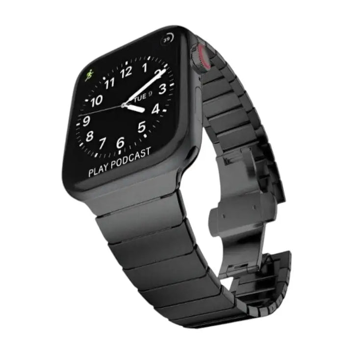 Monarch Steel Band showcased on a sleek black Apple Watch, highlighting the stylish design of this Metal Apple Watch Band from Anhem.  Monarch Steel Strap  anhem.myshopify.com  Black / 44/45/46/49MM (Large Watch)