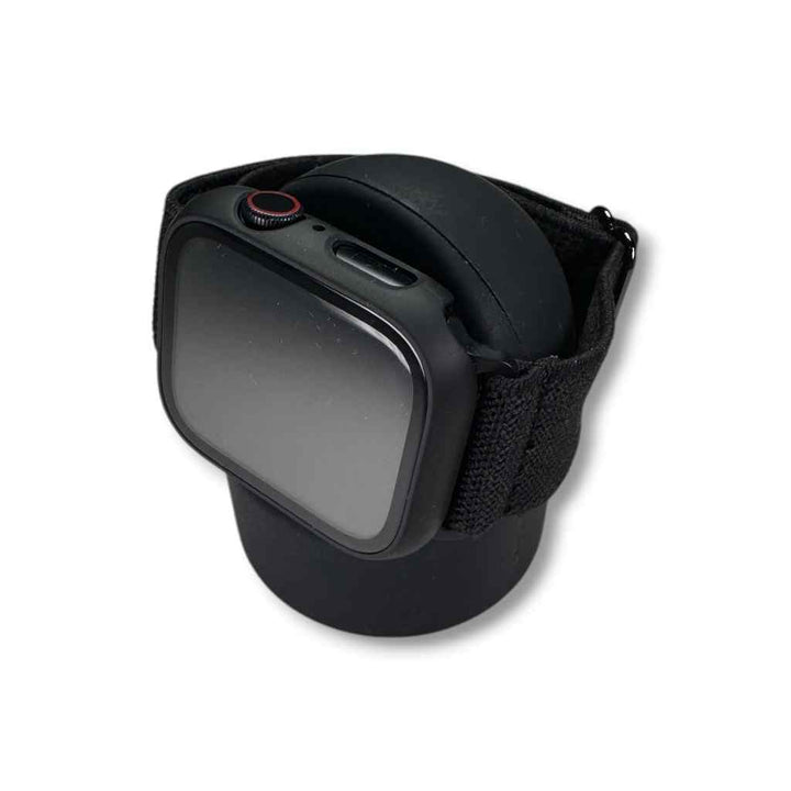 Close-up view of the Anhem Portable Charging Stand for Apple Watch, highlighting its ergonomic shape and black color.