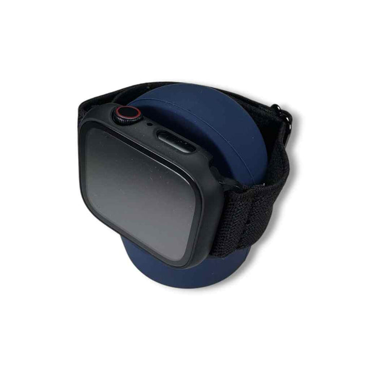 Anhem Portable Charging Stand in blue, displaying an Apple Watch elegantly positioned for easy viewing.