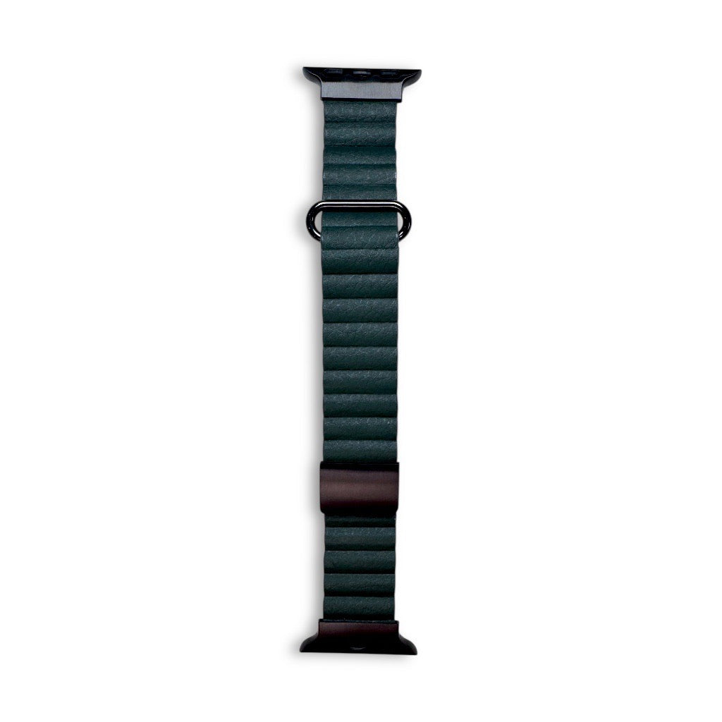 Anhem forest green leather Apple Watch strap with black clasp and adapters