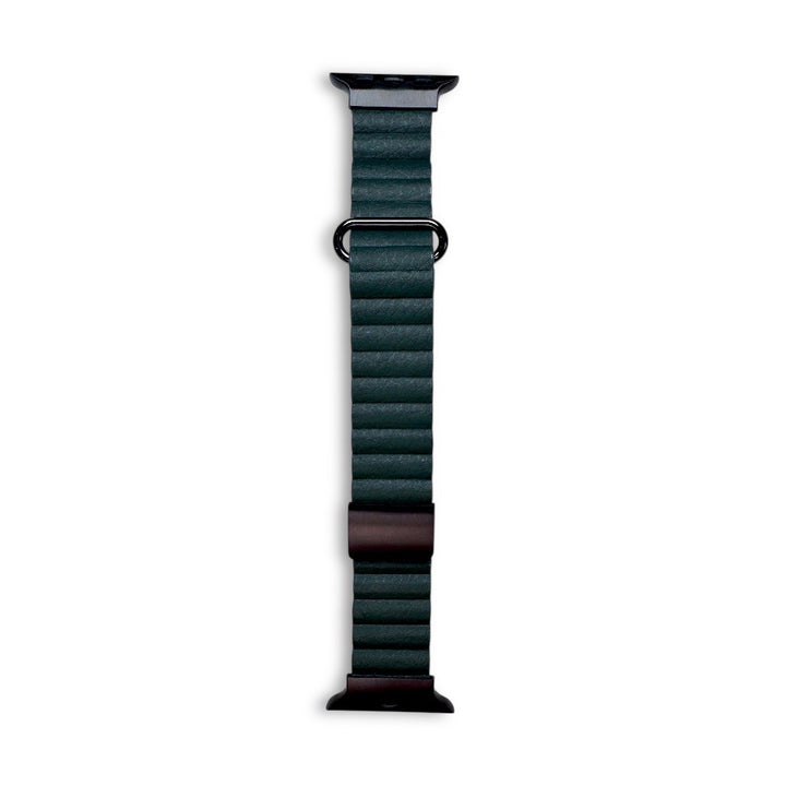 Anhem forest green leather Apple Watch strap with black clasp and adapters