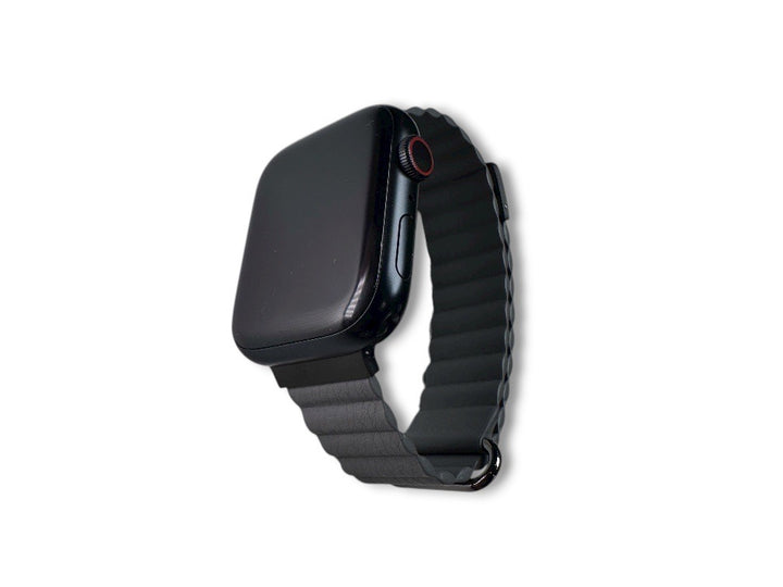 Anhem gray leather Apple Watch strap with black clasp and adapters