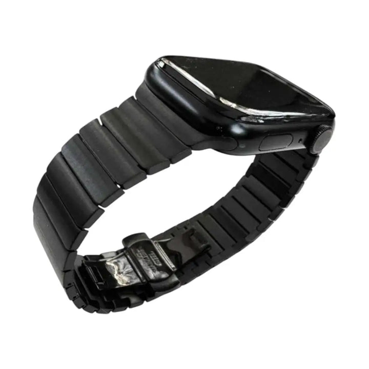 Close-up of a Monarch Steel Band on an Apple Watch, highlighting the refined craftsmanship of this Metal Apple Watch Band from Anhem.  Monarch Steel Strap  anhem.myshopify.com  Black / 38/40/41/42MM (Small Watch)