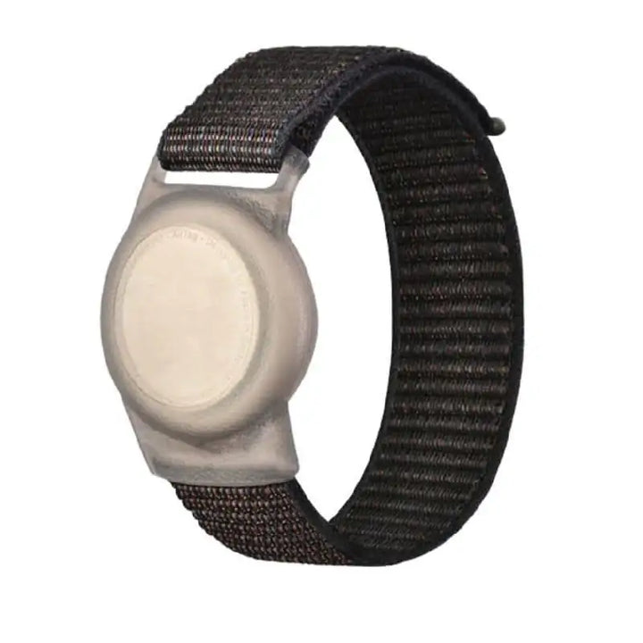 Black Anhem Nylon Band for AirTag, a stylish and adjustable AirTag Bracelet in black, perfect for keeping track of loved ones.  Nylon Band For Tracker Tag  anhem.myshopify.com  Black