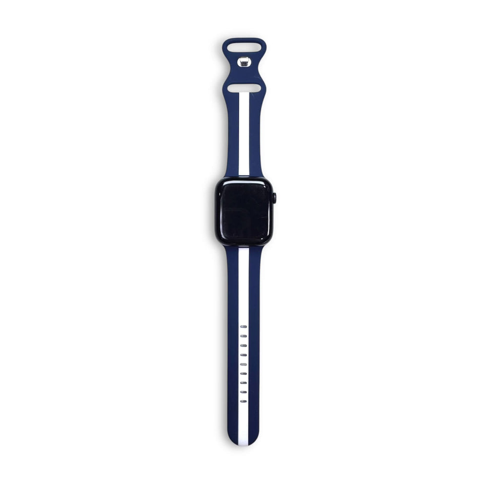 Top view of the Anhem Pepi Silicone Band in navy and white, designed to fit Apple Watches, showcasing a modern silicone Apple Watch sport band look.
