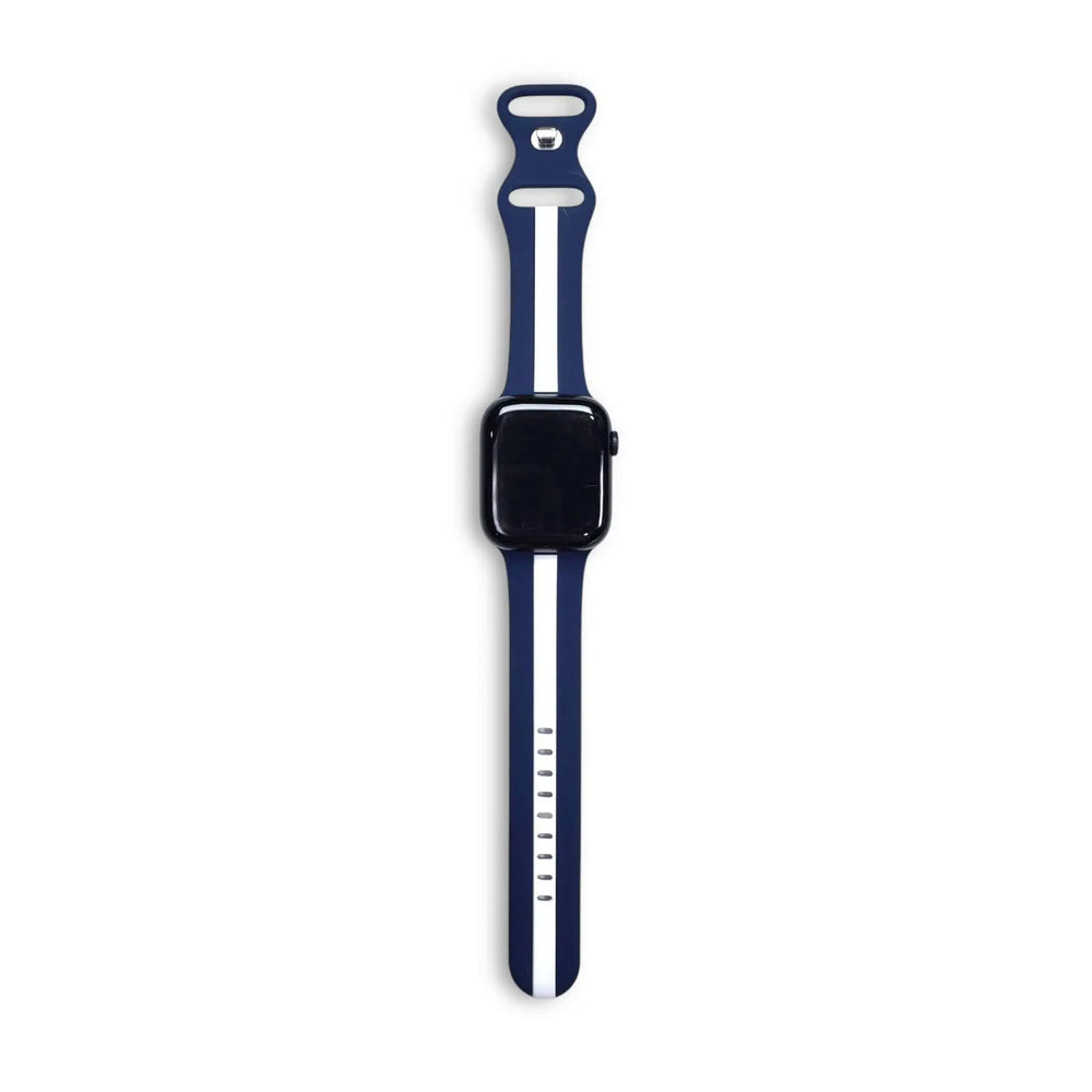 Top view of the Anhem Pepi Silicone Band in navy and white, designed to fit Apple Watches, showcasing a modern silicone Apple Watch sport band look.  Pepi Silicone Strap  anhem.myshopify.com  Blue / White / 38/40/41/42MM (Small Watch)