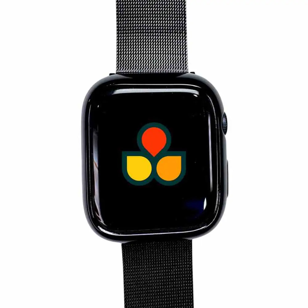 Black Anhem Protective TPU Case Bumper Cover showcased on a black Apple Watch with colorful graphics highlighting this stylish Apple Watch Case.  Flex Bumper Case Cover  anhem.myshopify.com  Black / 49mm