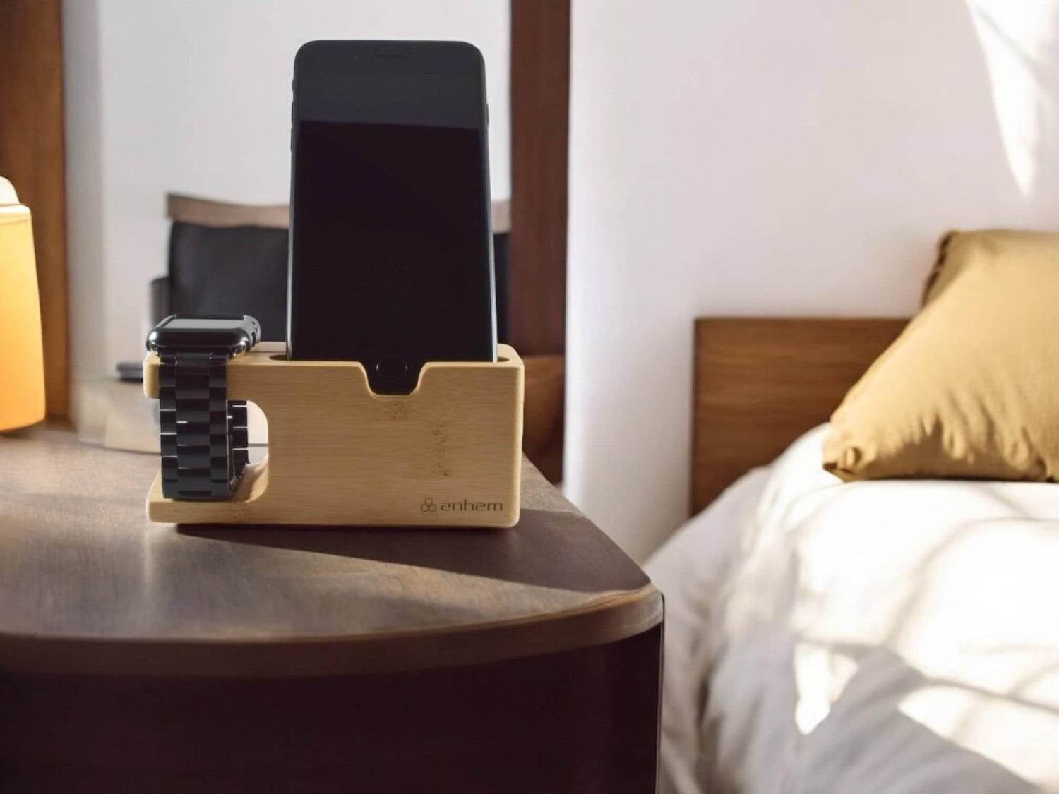 anhem wooden bamboo apple watch stand on table