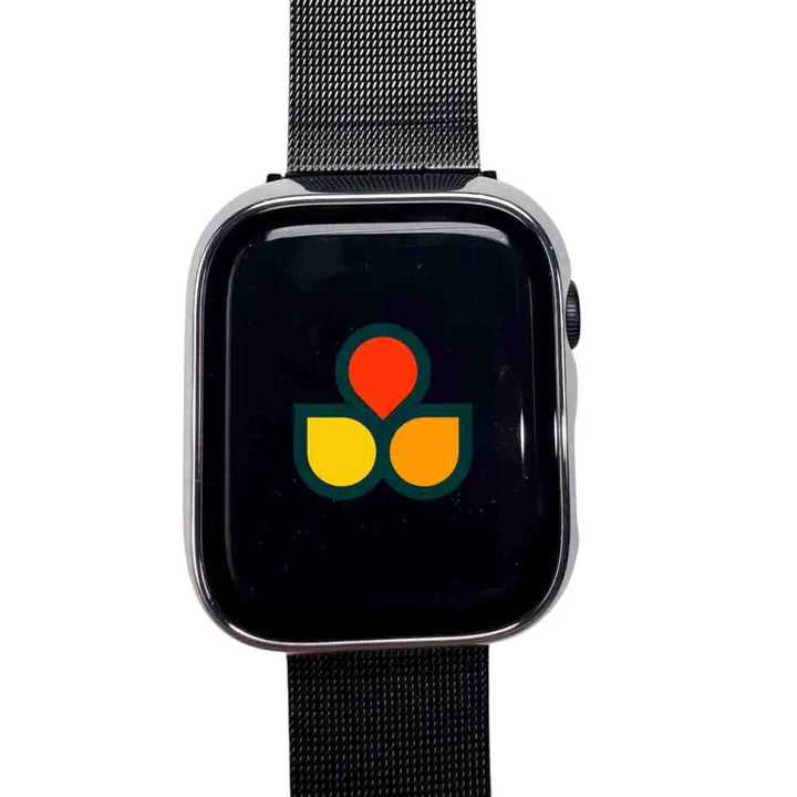 Close-up of Anhem's shiny protective case cover on an Apple Watch, highlighting its vibrant logo and built-in screen protector.  Gloss Guard Case Cover  anhem.myshopify.com  Silver / 49mm (Ultra / Ultra 2)