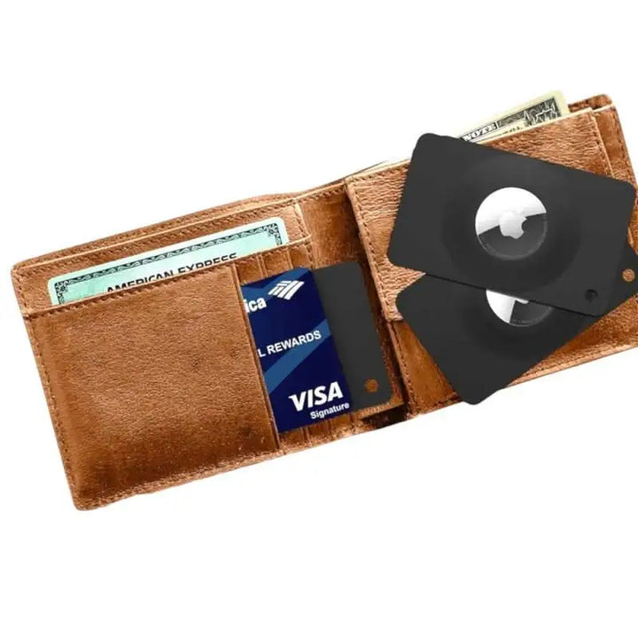Anhem Slim Wallet Insert Holder For Tag placed inside a wallet, demonstrating how the AirTag Wallet Insert fits perfectly within everyday wallets.  Slim Wallet Insert Holder For Tag  anhem.myshopify.com