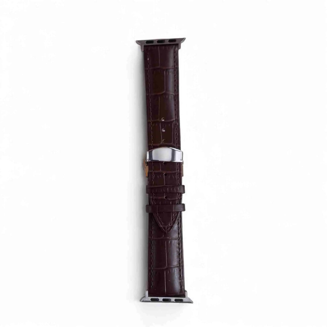 Side view of Anhem Allie Leather Band in dark brown alligator design featuring a durable deployant buckle, perfect for your Apple Watch.  Allie Leather Strap  anhem.myshopify.com  Dark Brown / Silver Buckle / 38/40/41/42MM (Small Watch)