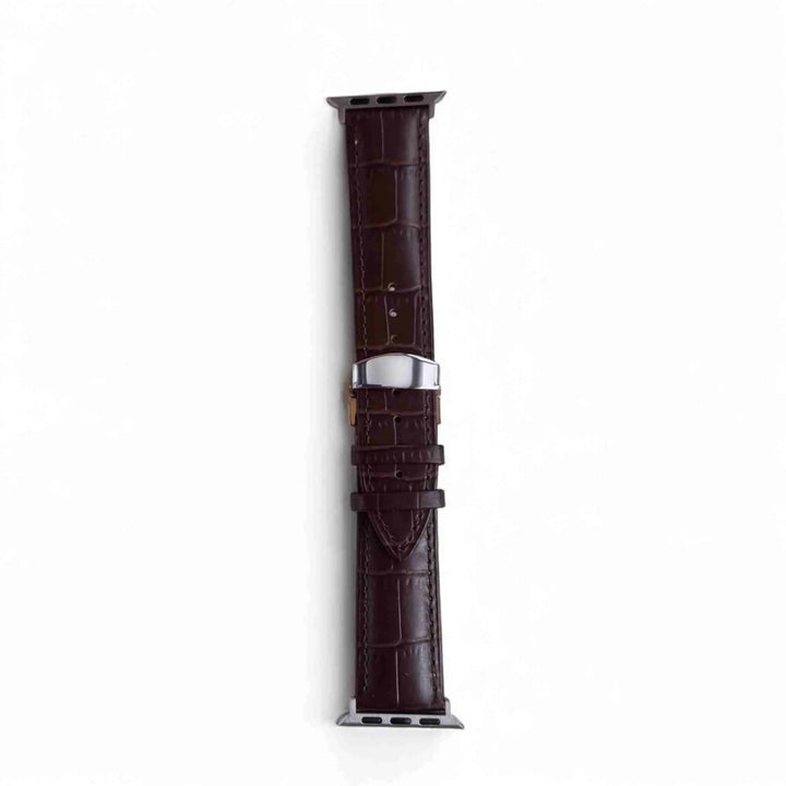 Side view of Anhem Allie Leather Band in dark brown alligator design featuring a durable deployant buckle, perfect for your Apple Watch.  Allie Leather Strap  anhem.myshopify.com  Dark Brown / Silver Buckle / 38/40/41/42MM (Small Watch)