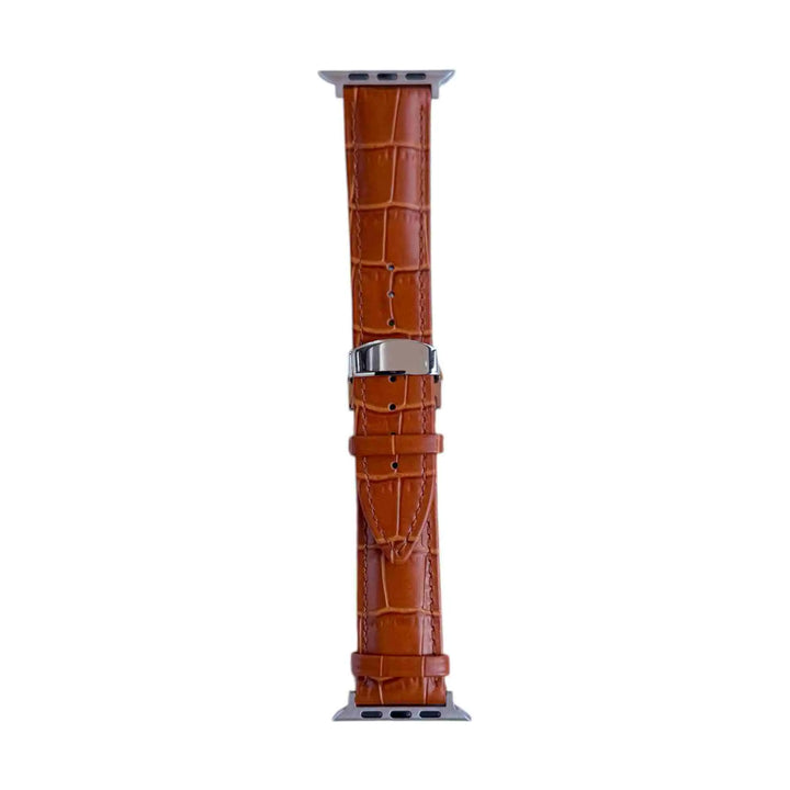 Anhem Allie Leather Band in light brown with alligator design with a silver buckle, a stylish accessory designed for Apple Watch users.  Allie Leather Strap  anhem.myshopify.com  Light Brown / Silver Buckle / 38/40/41/42MM (Small Watch)