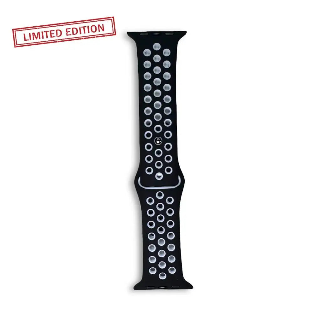 Anhem Aero black silicone Apple Watch band with breathable perforated design and limited edition stamp