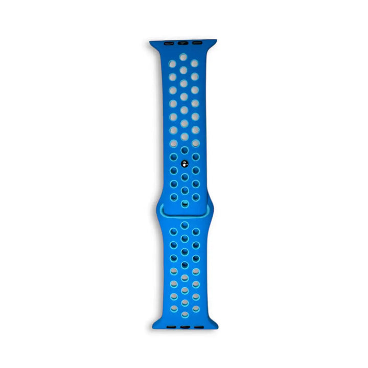 Anhem Aero blue silicone Apple Watch band with a breathable perforated design for sports and daily wear.