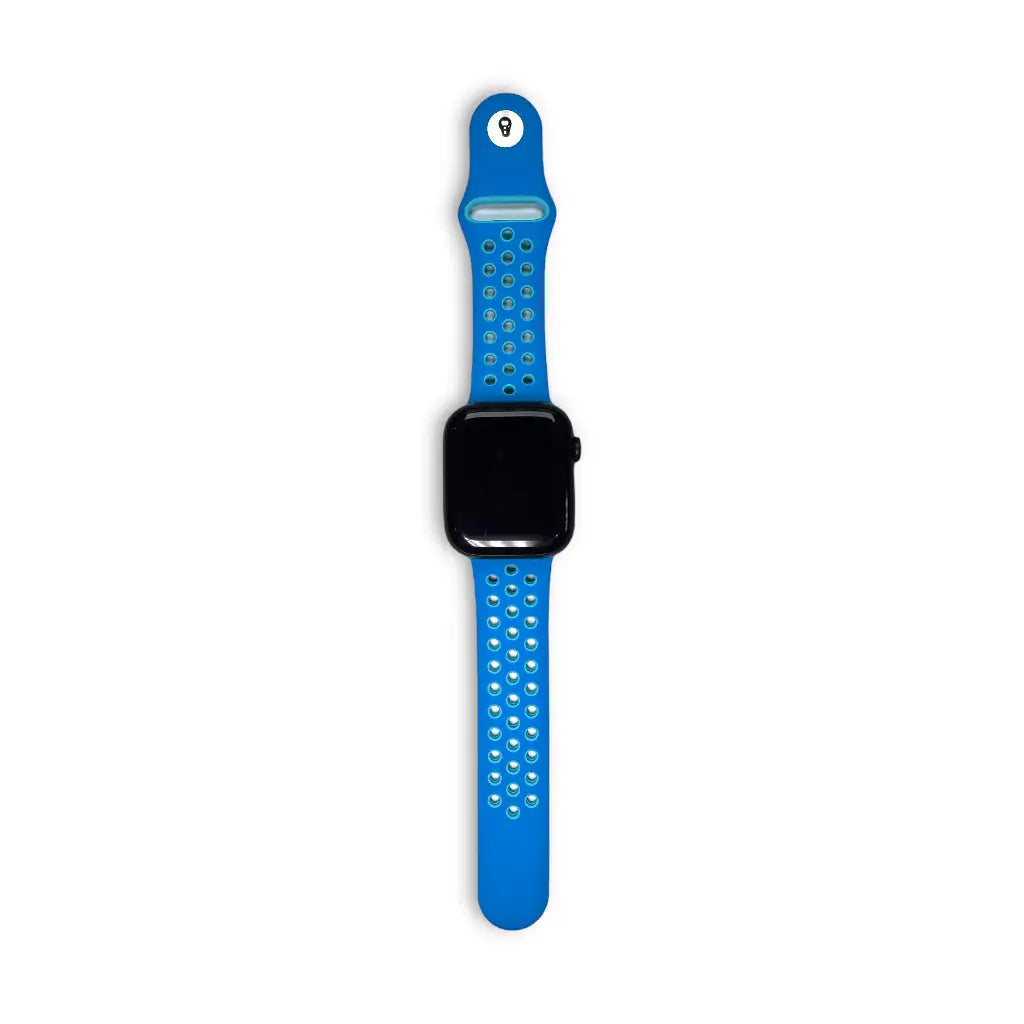 Anhem Aero silicone Apple Watch band in bright blue with a breathable perforated design for active wear.