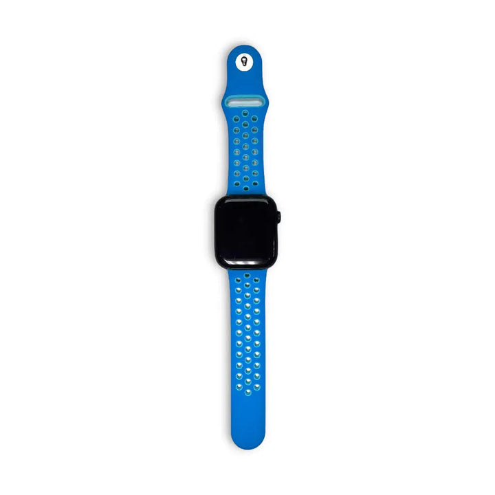 Anhem Aero silicone Apple Watch band in bright blue with a breathable perforated design for active wear.