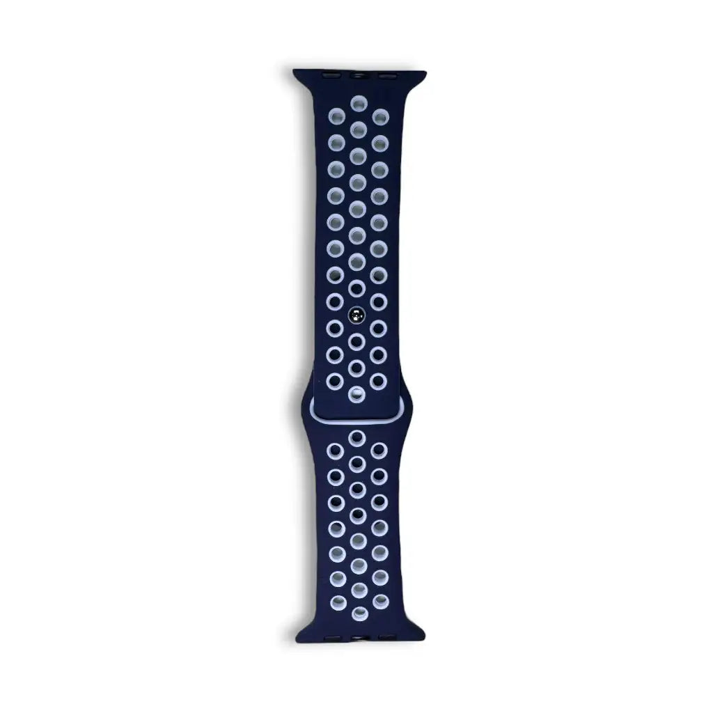 Anhem Aero silicone Apple Watch band in navy blue with a breathable perforated design for athletic use.