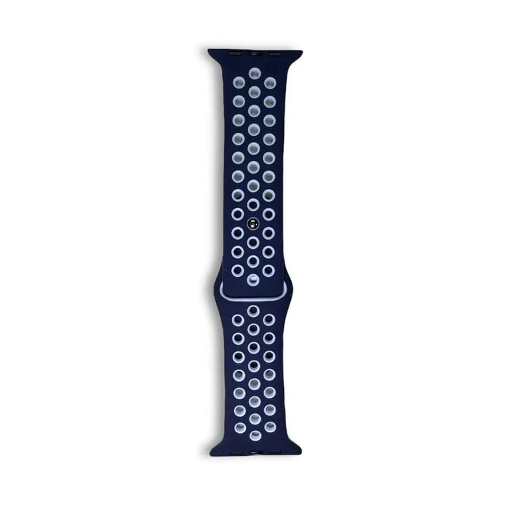 Anhem Aero silicone Apple Watch band in navy blue with a breathable perforated design for athletic use.