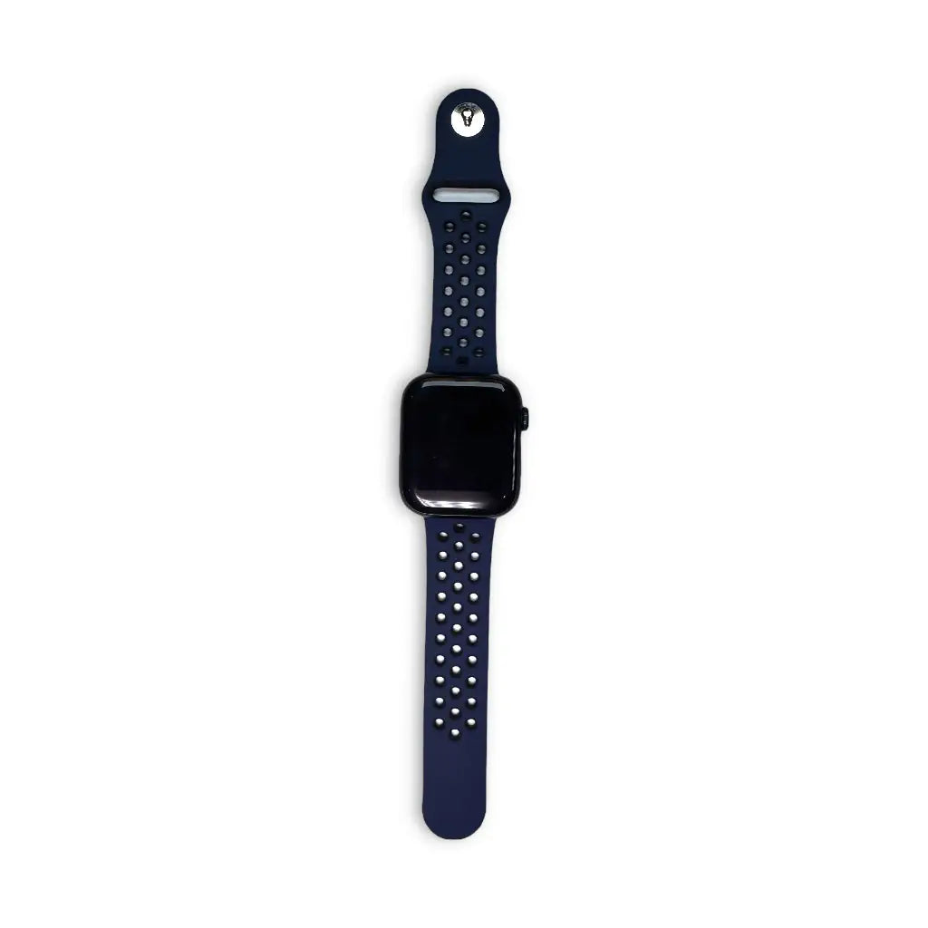 Anhem Aero silicone Apple Watch band in navy blue with a breathable perforated design for sports and daily wear.