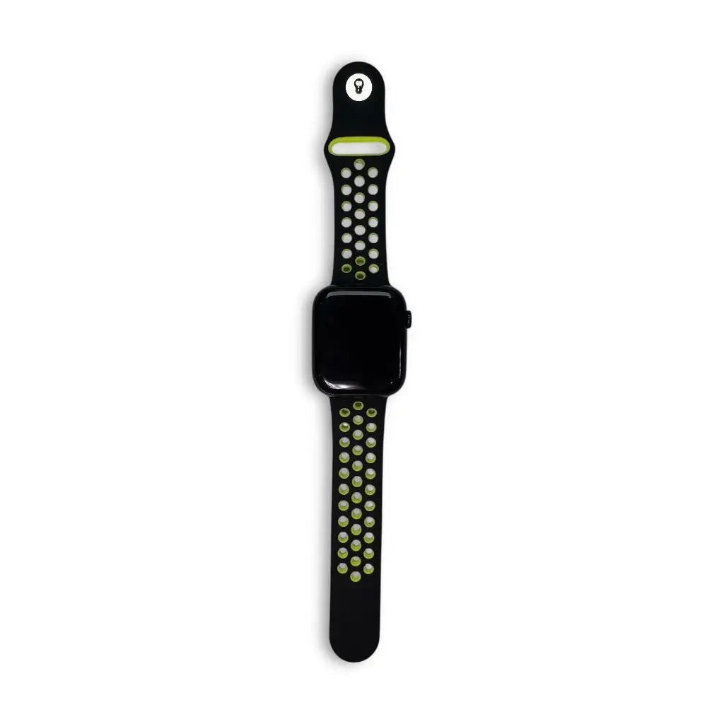 Anhem Aero silicone Apple Watch band in black with lime green perforated holes for breathability
