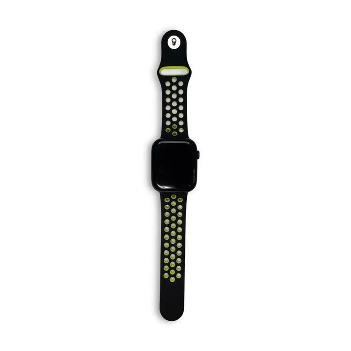 Anhem Aero silicone Apple Watch band in black with lime green perforated holes for breathability
