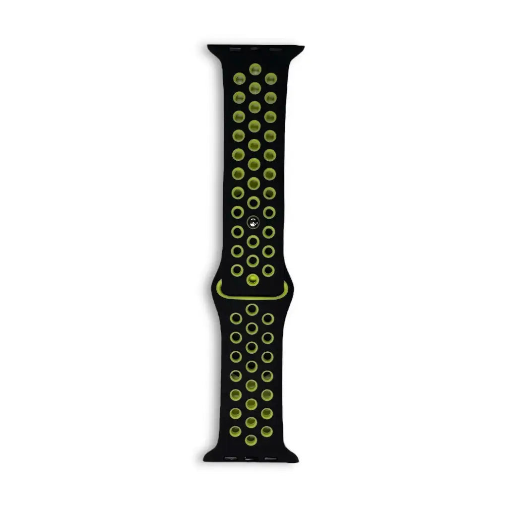Anhem Aero silicone Apple Watch band in black with lime green perforated holes for breathability and sport use.