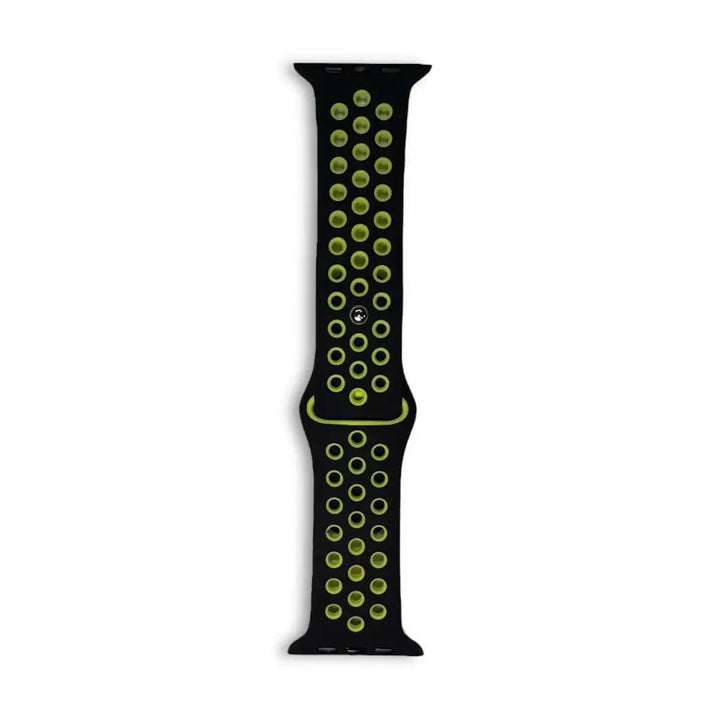Anhem Aero silicone Apple Watch band in black with lime green perforated holes for breathability and sport use.