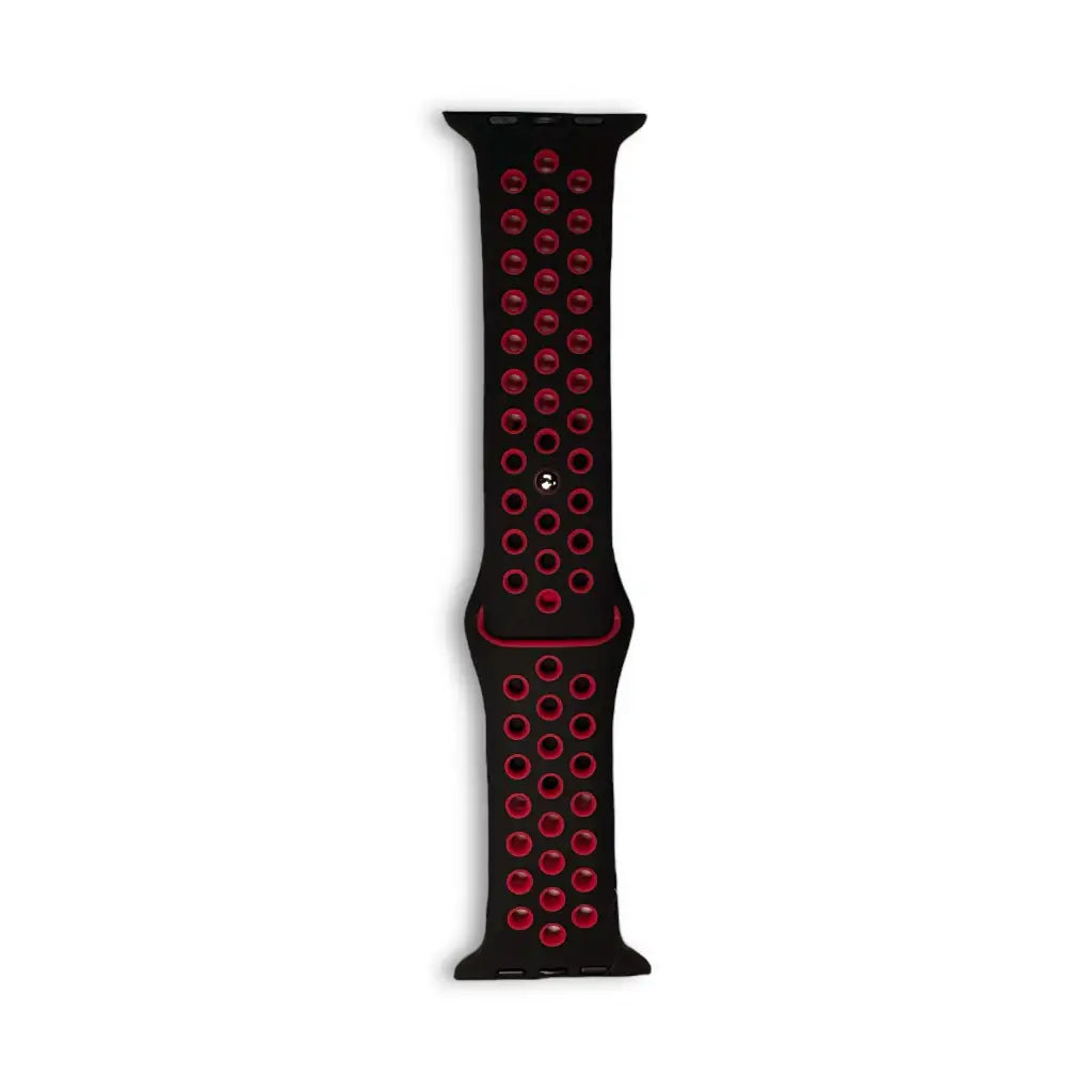 Anhem Aero silicone Apple Watch band in black with red perforated holes for breathability and athletic style