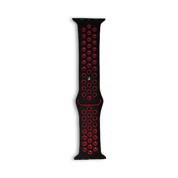 Anhem Aero silicone Apple Watch band in black with red perforated holes for breathability and athletic style