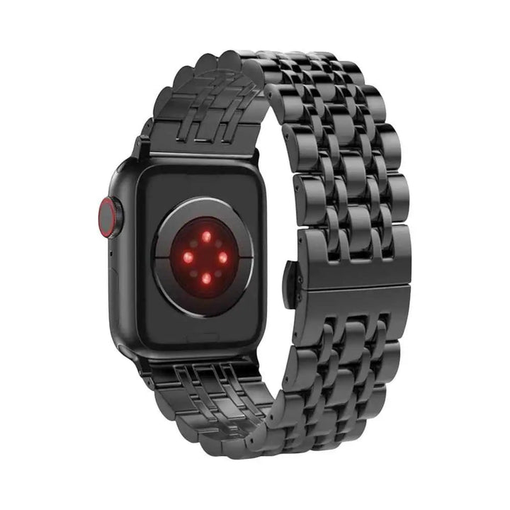 Anhem Allure Steel Strap in black, a triple-link stainless steel Apple Watch band with a butterfly buckle clasp.