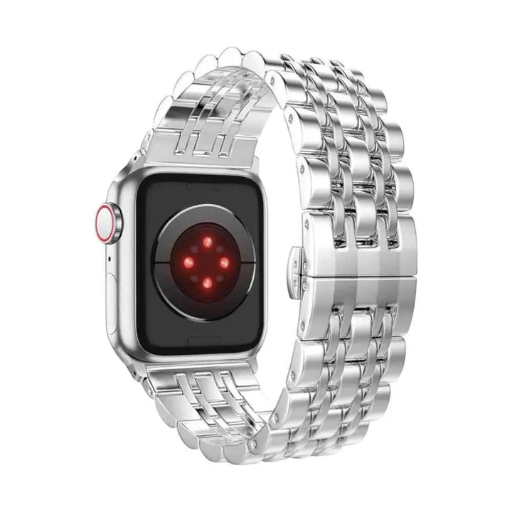 Anhem Allure Steel Strap, a silver triple-link stainless steel Apple Watch band with a secure butterfly clasp.