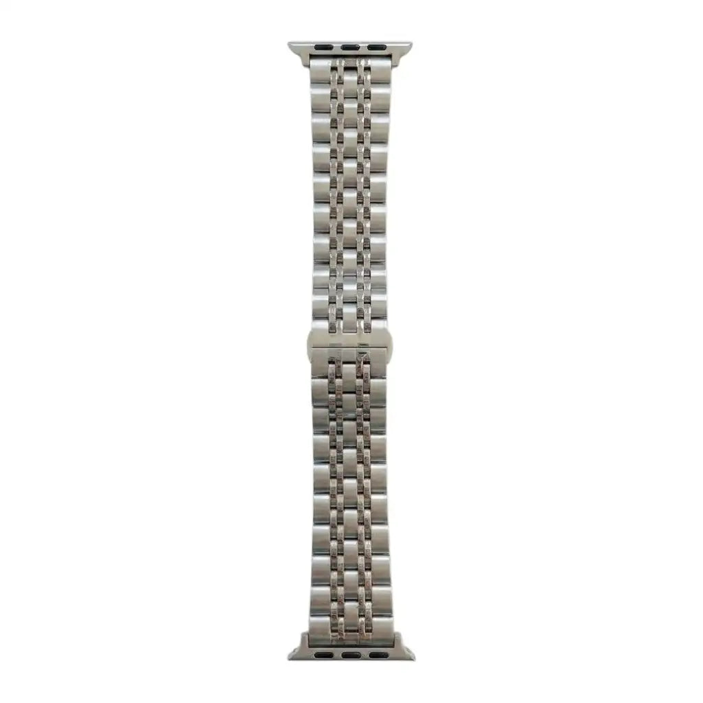 Anhem Allure Steel Strap, a silver stainless steel triple-link Apple Watch band with a secure butterfly clasp.