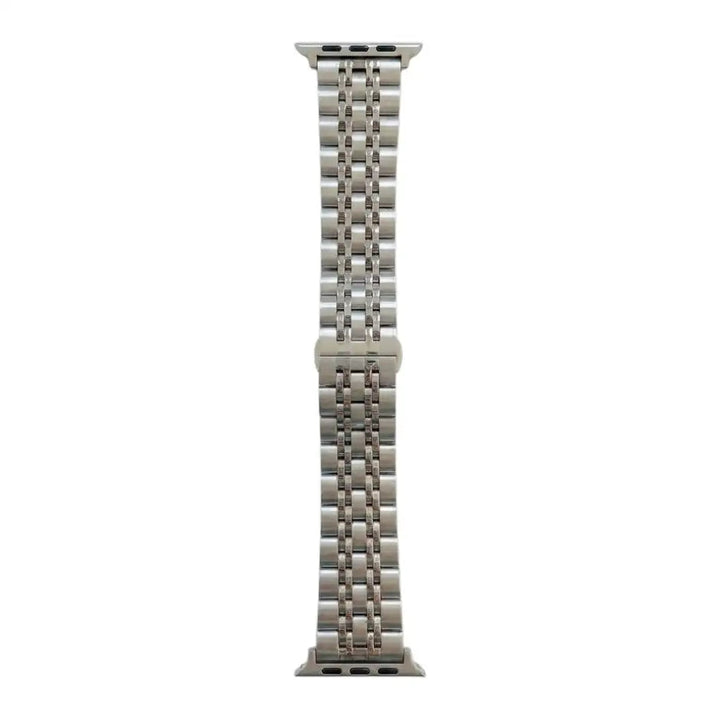 Anhem Allure Steel Strap, a silver stainless steel triple-link Apple Watch band with a secure butterfly clasp.