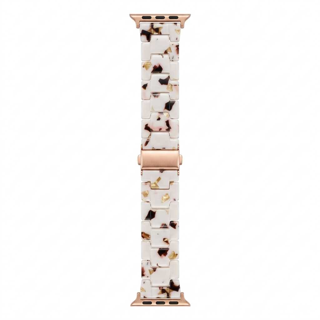 Anhem Amber Resin Apple Watch band featuring a translucent white, brown, and gold speckled pattern with rose gold hardware.