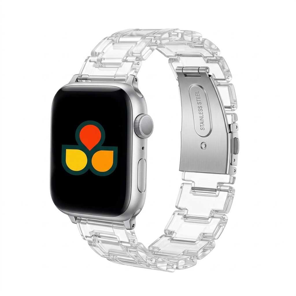 Anhem Amber Resin Apple Watch strap in a clear, translucent finish with a stainless steel clasp.