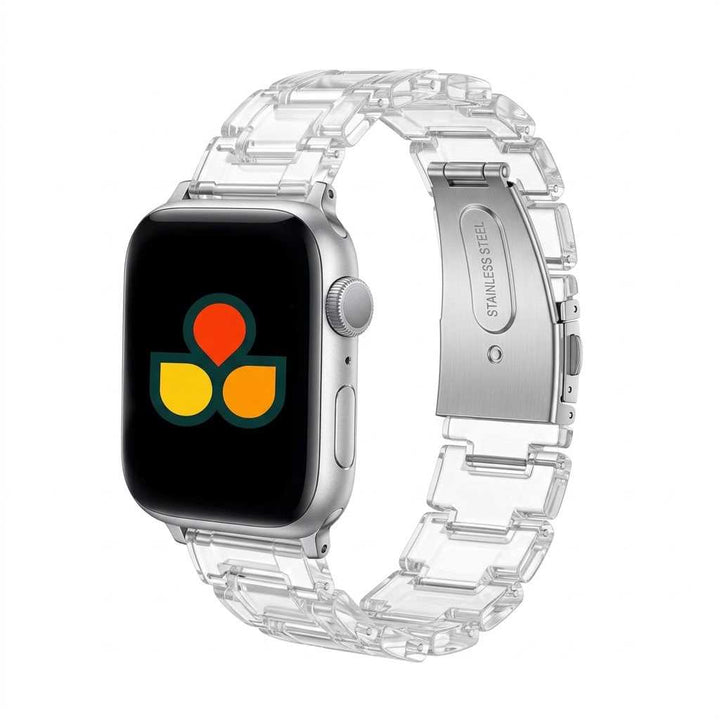 Anhem Amber Resin Apple Watch strap in a clear, translucent finish with a stainless steel clasp.