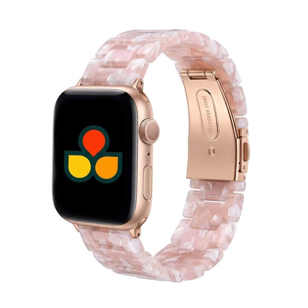 Anhem Amber Resin Apple Watch band in a translucent pink marble pattern with rose gold stainless steel hardware.