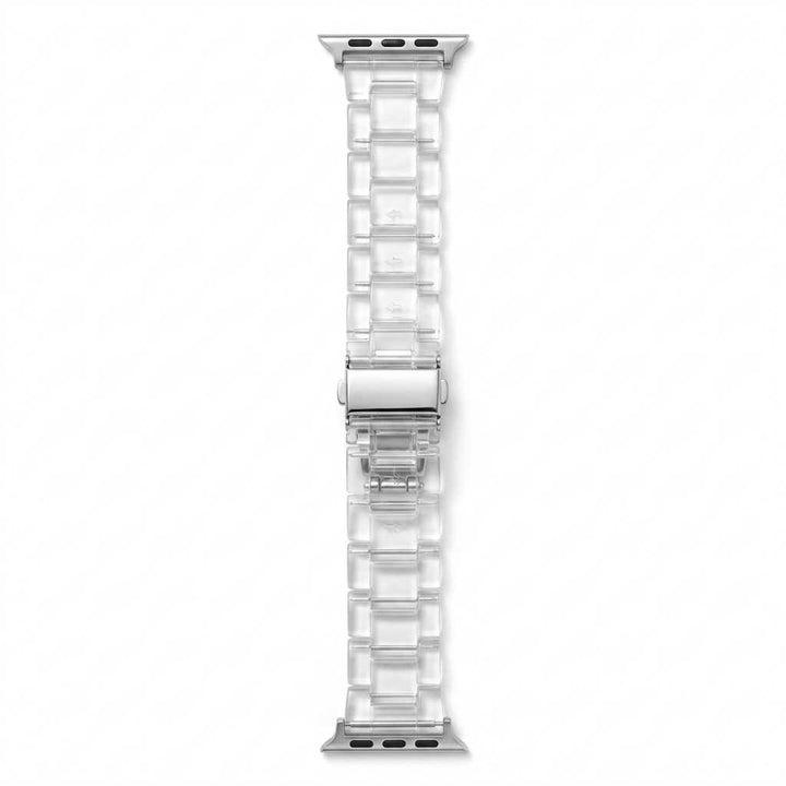 Anhem Amber Resin Apple Watch strap in a clear, translucent finish with a silver metal clasp on a white background.